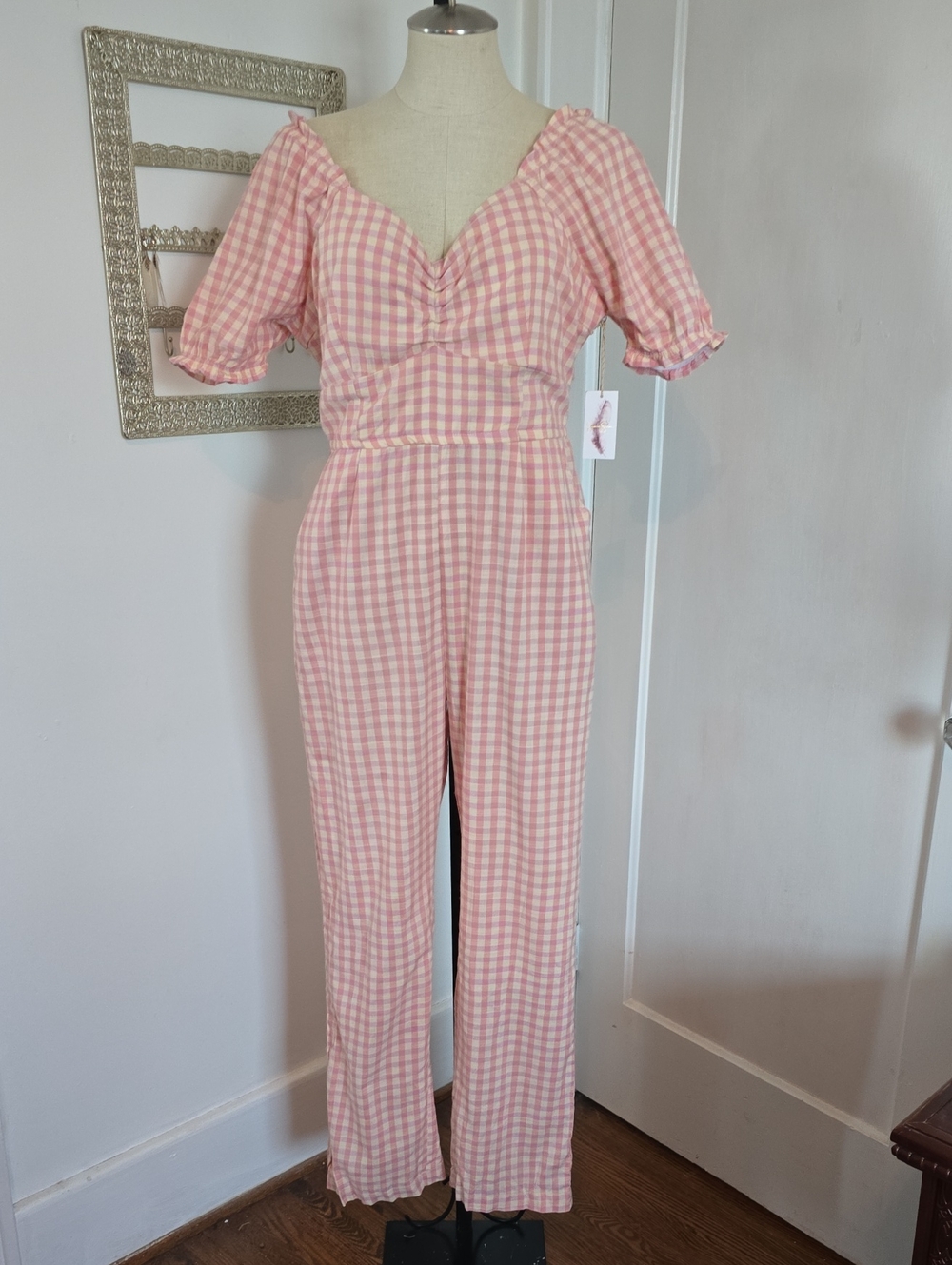 Jessica Simpson Pink Gingham Puff-Sleeve Jumpsuit